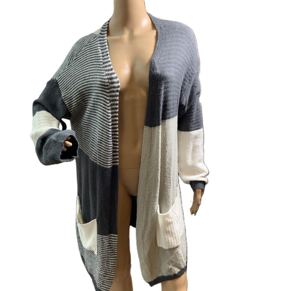 Fable Gray Long Sleeve Striped Pattern Open Front Cardigan Size M/L Cottagecore‎